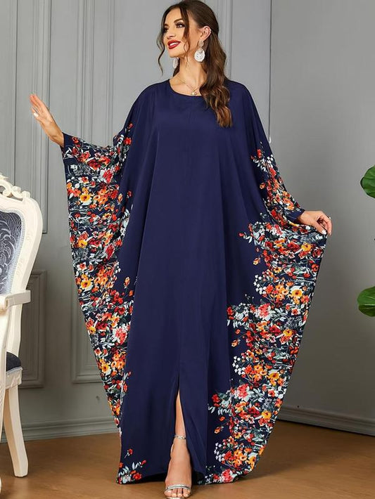 Women’s Elegant Floral Kaftan Dress with Batwing Sleeves